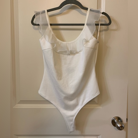 Lulu's Tops - White Bodysuit with Shear Ruffle